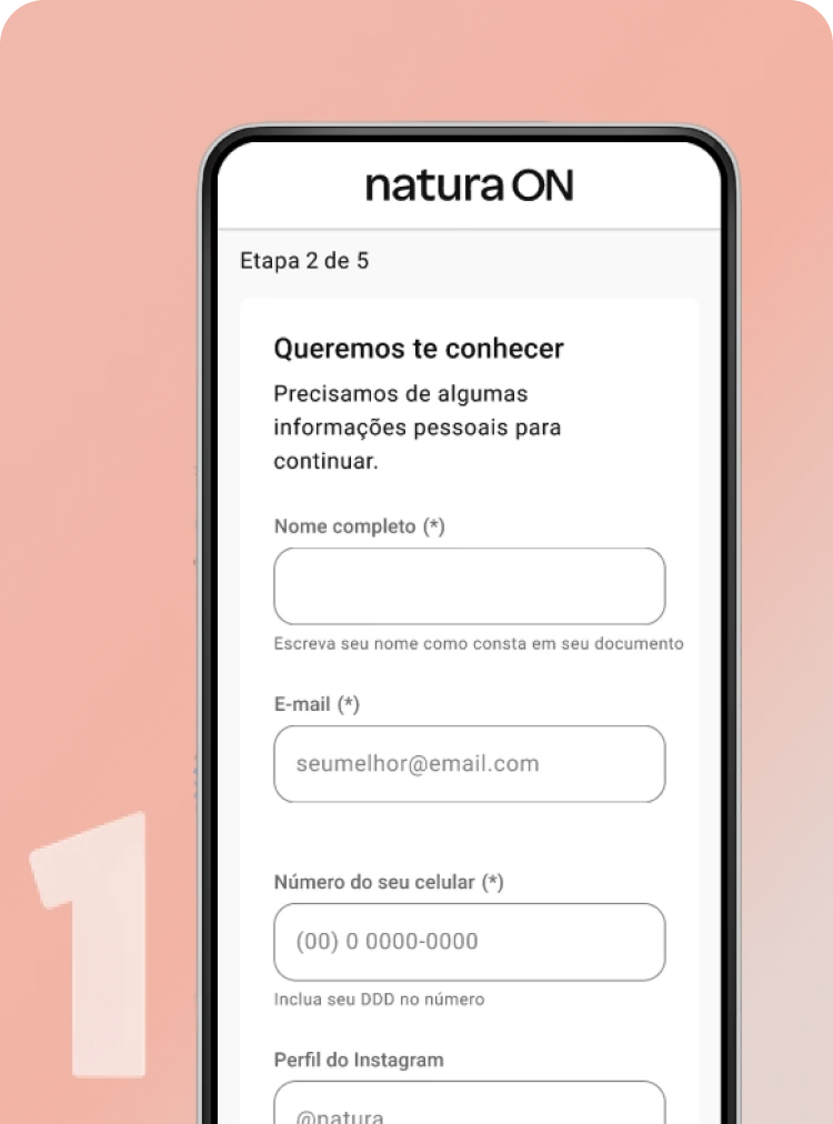 Tela de cadastro do Natura ON em um smartphone, com campos para criação de uma conta.