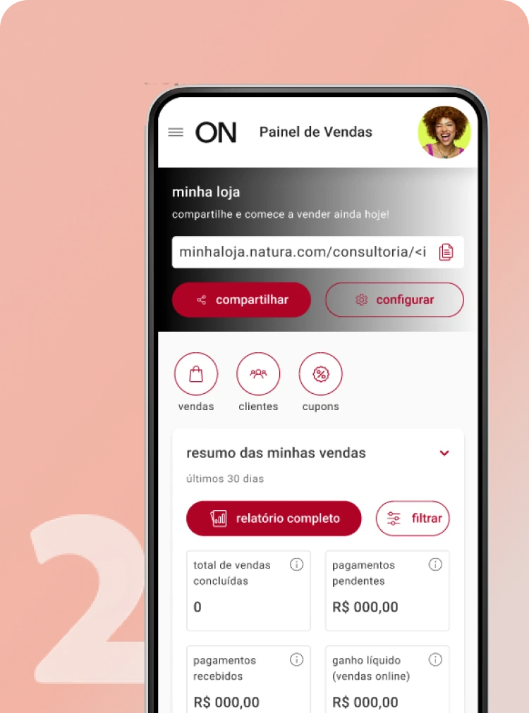 Painel da loja digital Natura ON em um smartphone, com link da loja, opções de compartilhamento e resumo de vendas.